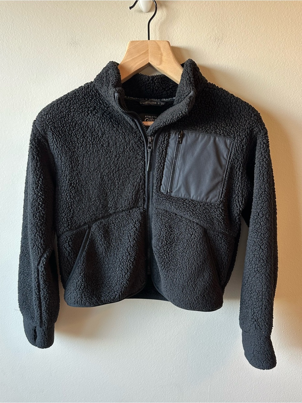 Athleta Girl Black Sherpa Zip-Up Jacket with Chest Pocket